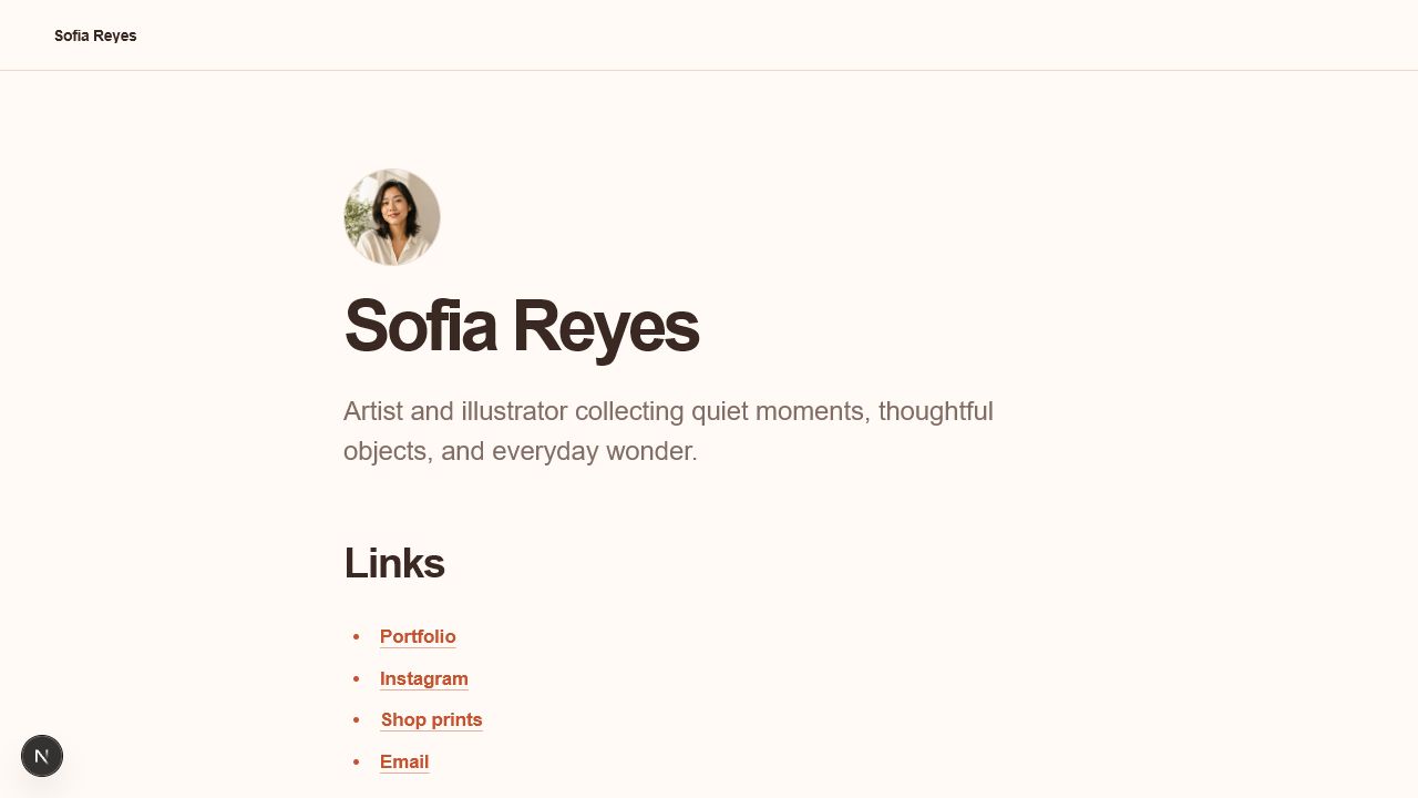 A polished link-in-bio page for Sofia Reyes with a profile portrait, creator bio and links